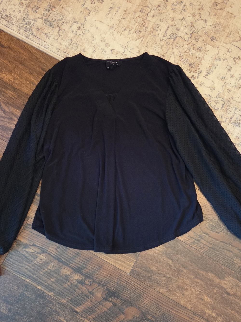 Women’s Black Long Sleeve V-Neck Top with Textured Sleeves